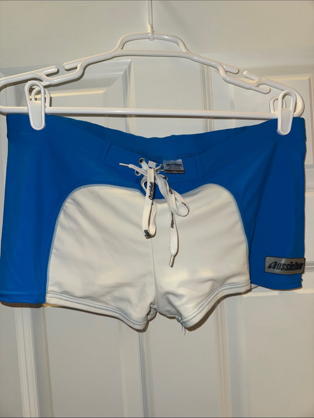 Blue & White Men’s square cut Swim Shorts by Aussie Bum Sz XL.